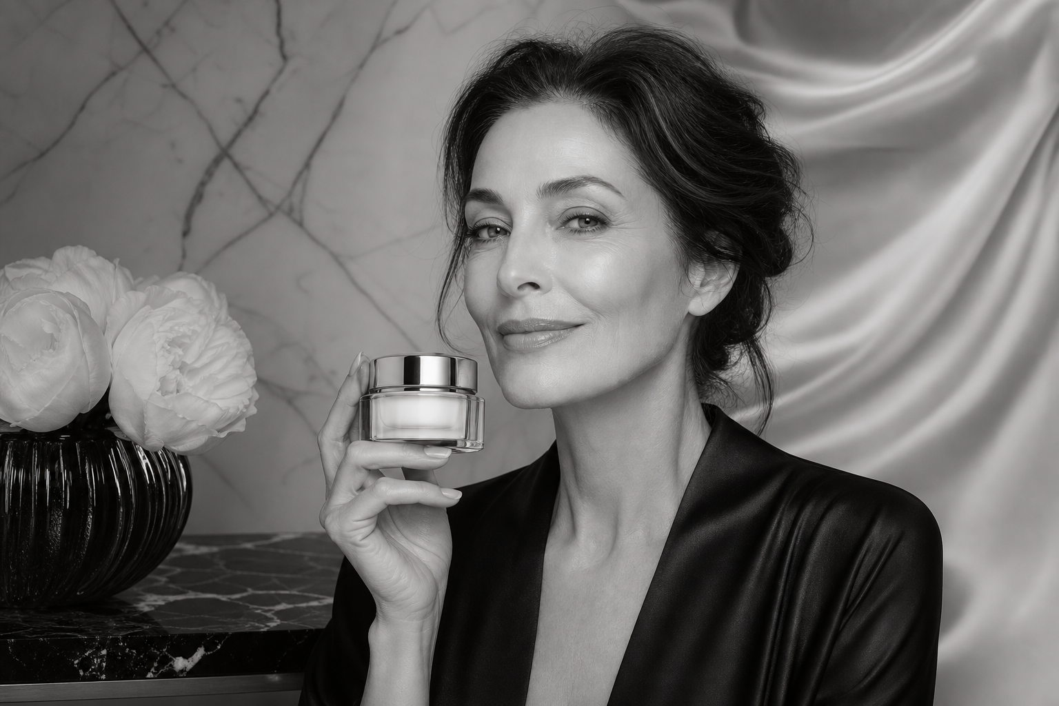 Mujer elegante con COCO Sérum Crema — belleza atemporal